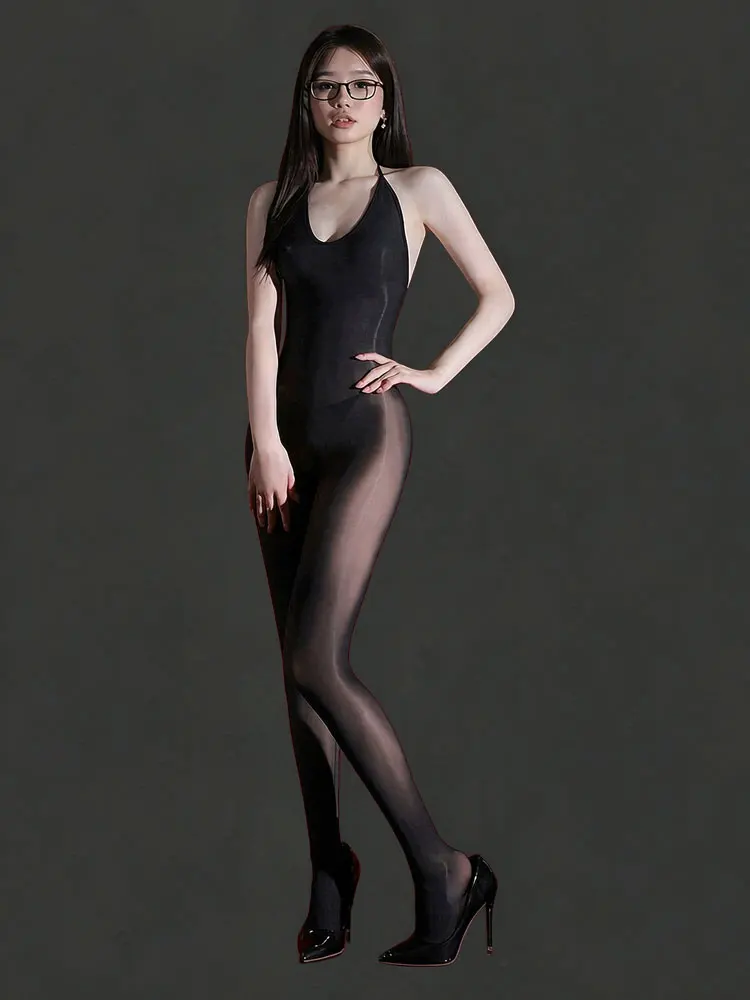 6D Thin Women Jumpsuit High Elastic Oil Shiny Glossy Sheer Shaping Sleeveless Backless Halter Fashion Woman Slimming Bodysuit