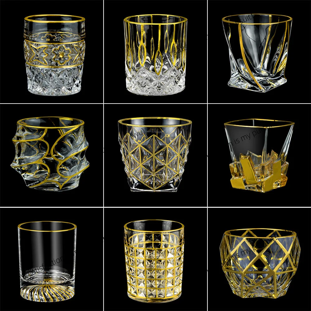 Creative hand-painted gold line crystal glass whisky cup, household water cup engraving