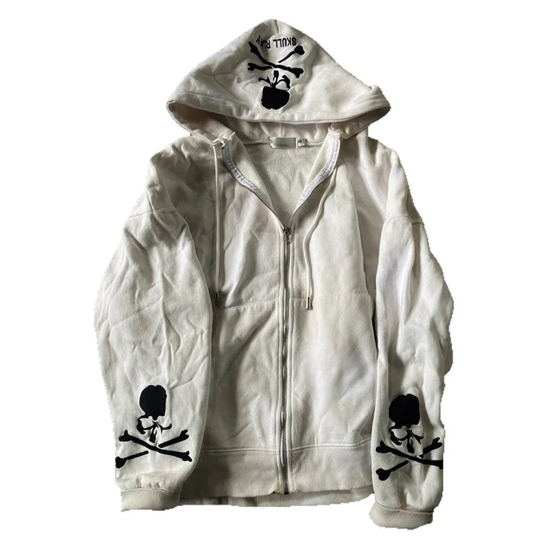 European and American Long-Sleeved Pullover Zipper Skull Print Pattern Hoodie Punk Dark Street Wear Sweater Coat