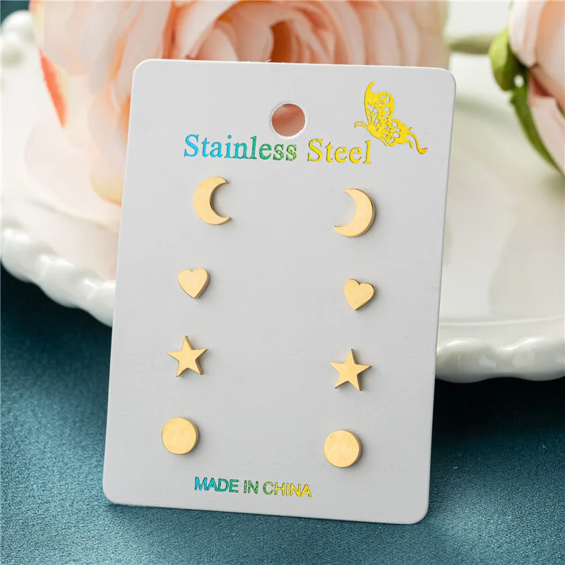 4Pairs Small Geometric Stainless Steel Stud Earrings Set