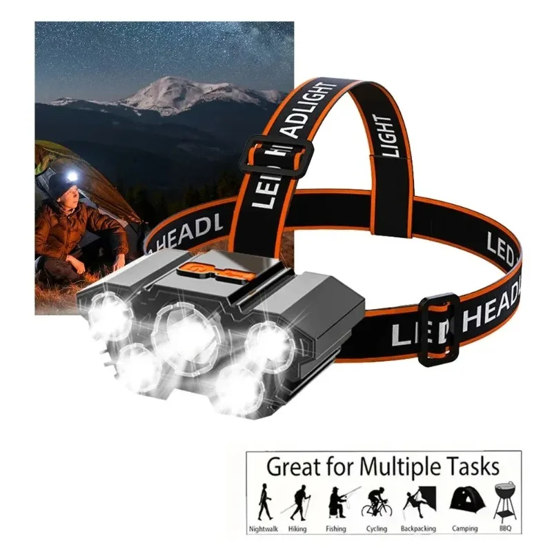 5개의 램프 비드가 있는 USB 충전식 LED 헤드램프 4가지 조명 모드 탄성 헤드밴드 경량 휴대용 헤드라이트