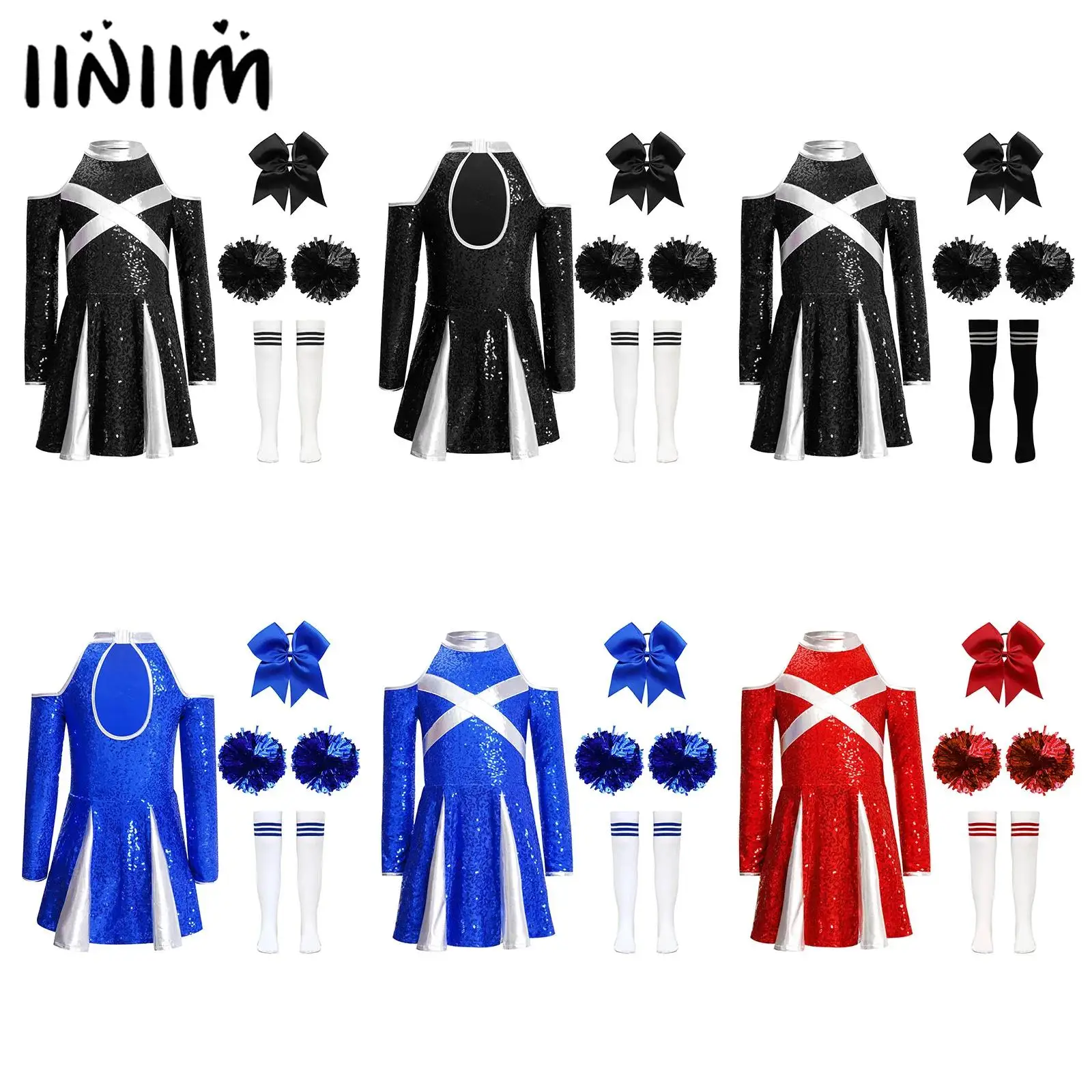

Детская одежда для черлидинга для девочек, униформа черлидинга, костюм для балета и танцев, платье с открытыми плечами и длинными рукавами и блестками