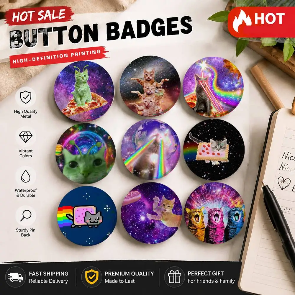 Cute Funny Rainbow Alien Cat Cartoon Round Brooches On Backpack Jacket Acrylic Button Pins Collection Gifts