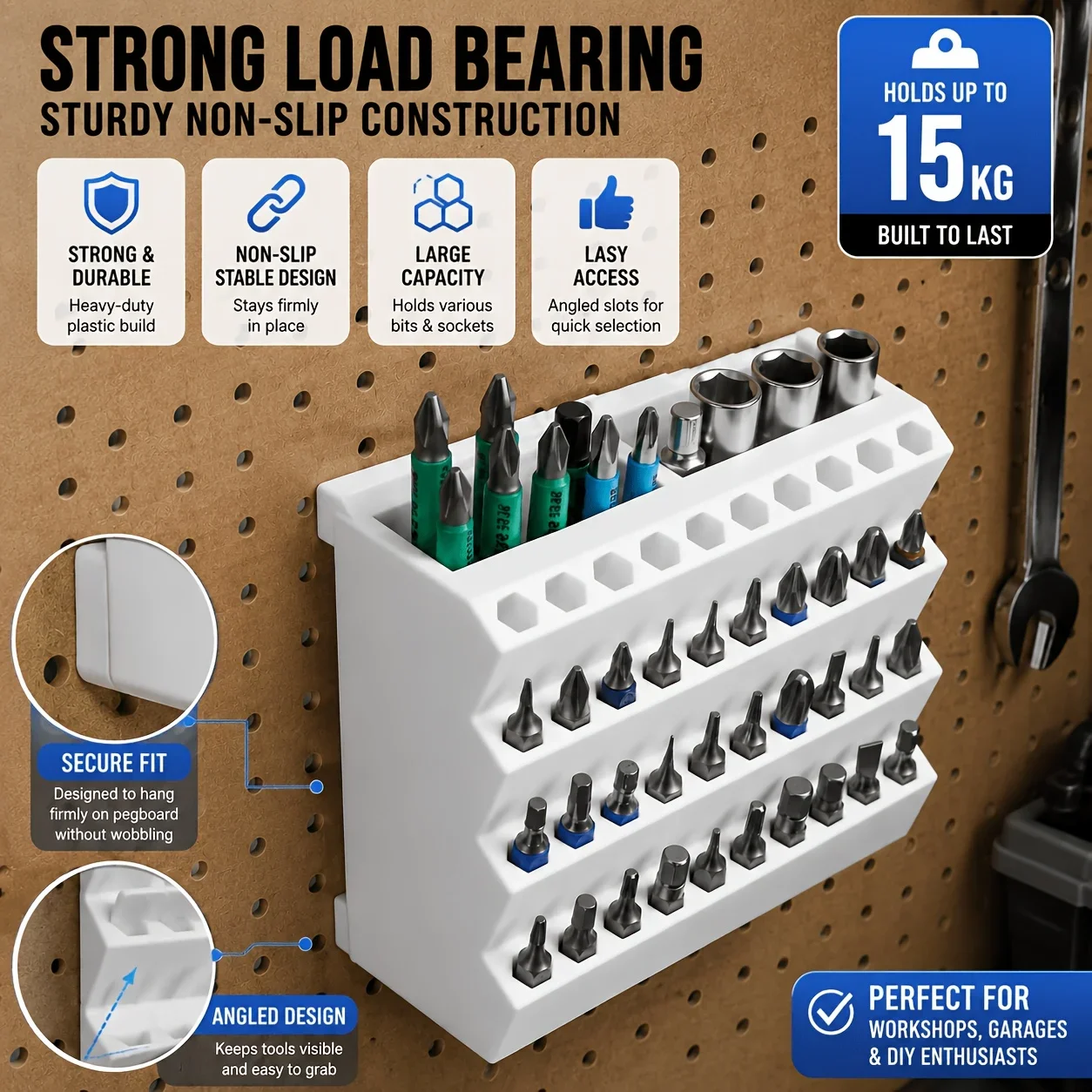 A Pegboard Drill Bit Holder with 40 Drill Bit Slots and 2 Screwdriver Bit Slots, A Wall-mounted Tool Holder Storage Rack
