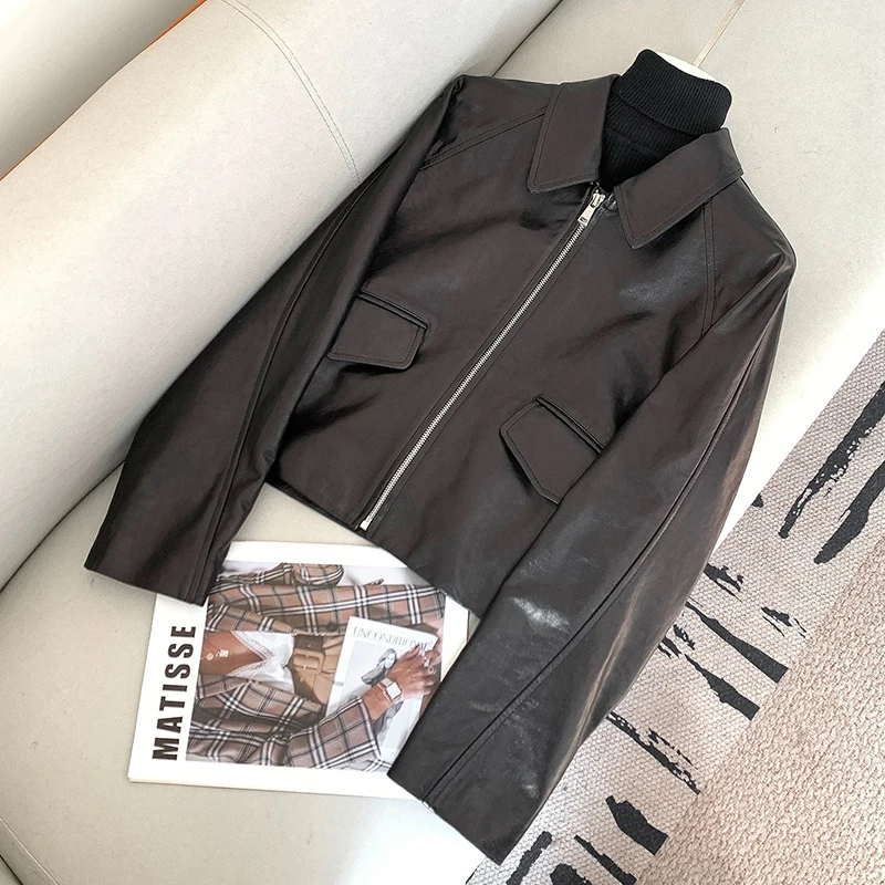 2025 Wiosenna damska czarna kurtka z prawdziwej skóry owczej