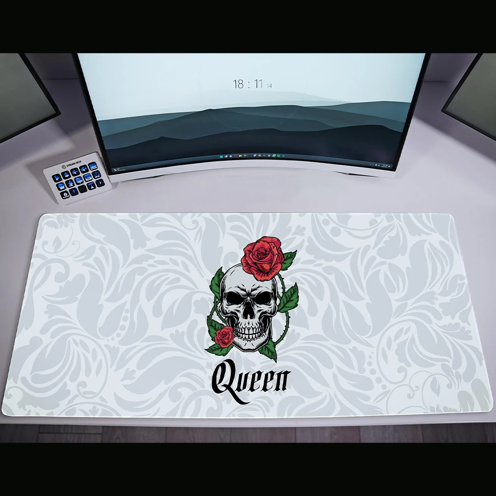White Skeleton Mousepad - Queen | 900x400/800x300 Mats Stitched Edges Nonslip Rubber Base Machine Washable Speed & Control