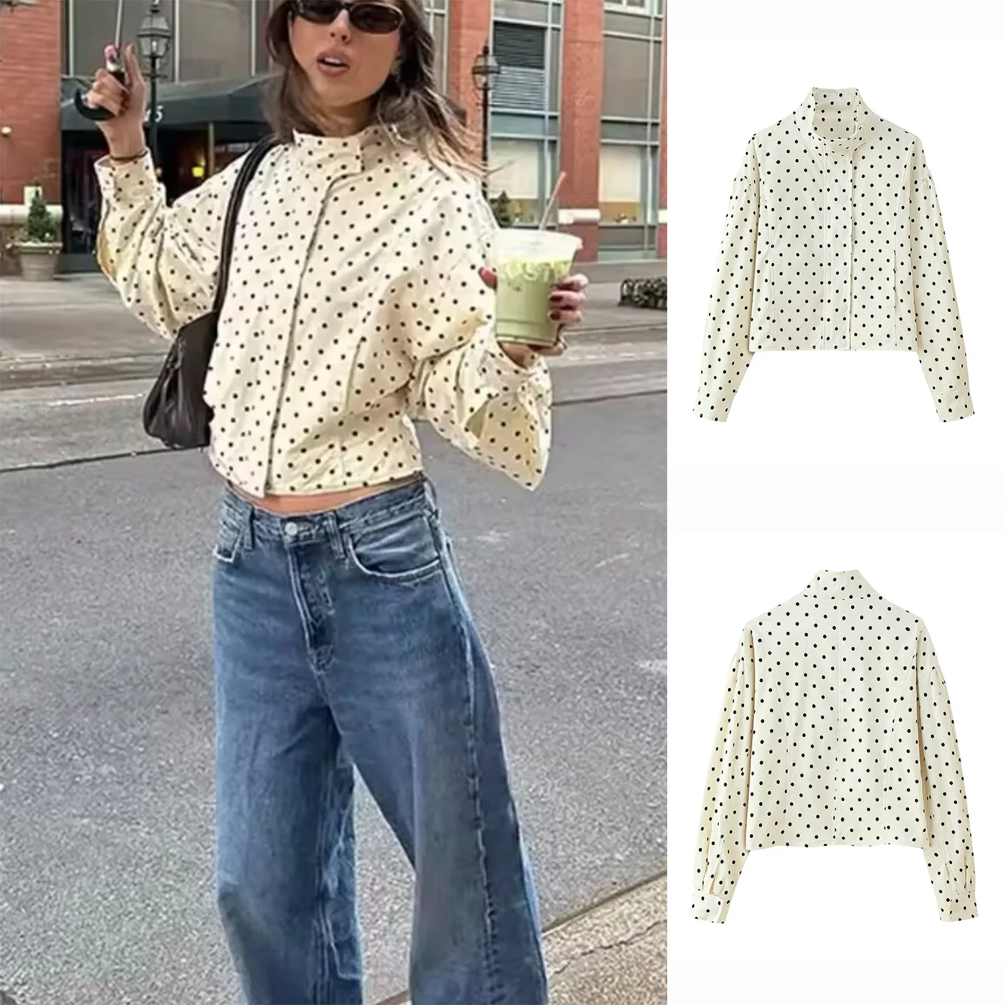 

Осень 2023, новинка Ins Sle, свободная тонкая молния, украшенная воротником-стойкой, длинная све, с принтом в горошек, верхняя одежда Jaet для женщин