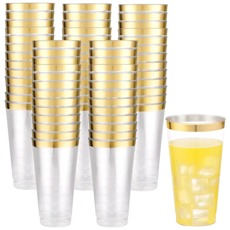 

100 шт. золотых пластиковых стаканов 16 унций, прозрачные с золотым ободком, большие одноразовые стаканы для вечеринок, для напитков