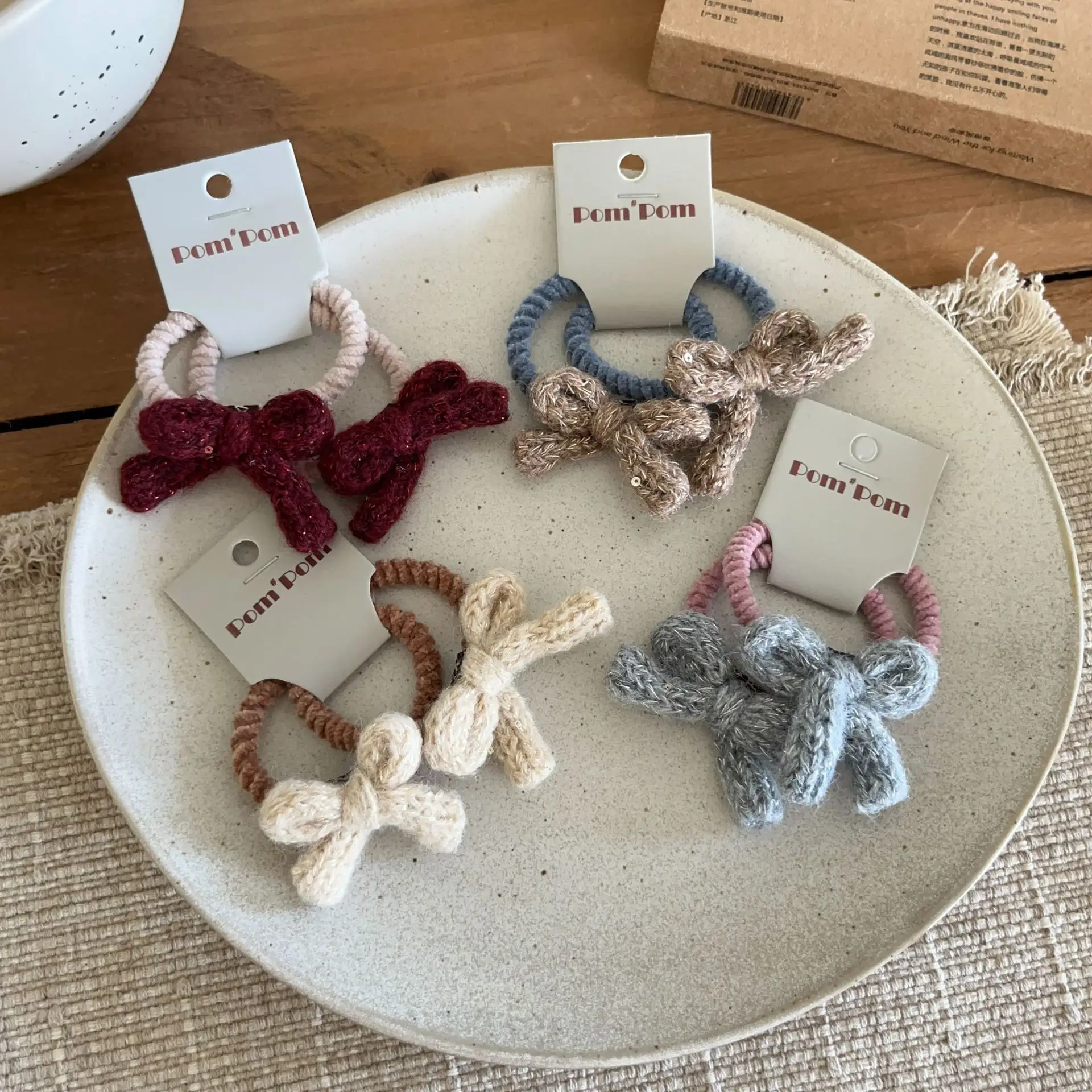 Hair Ties 2 Pack Vintage Knit Bow Fluffy Non Slip Premium Elastic Bands for Girls Double Pigtails Everyday Styling Use
