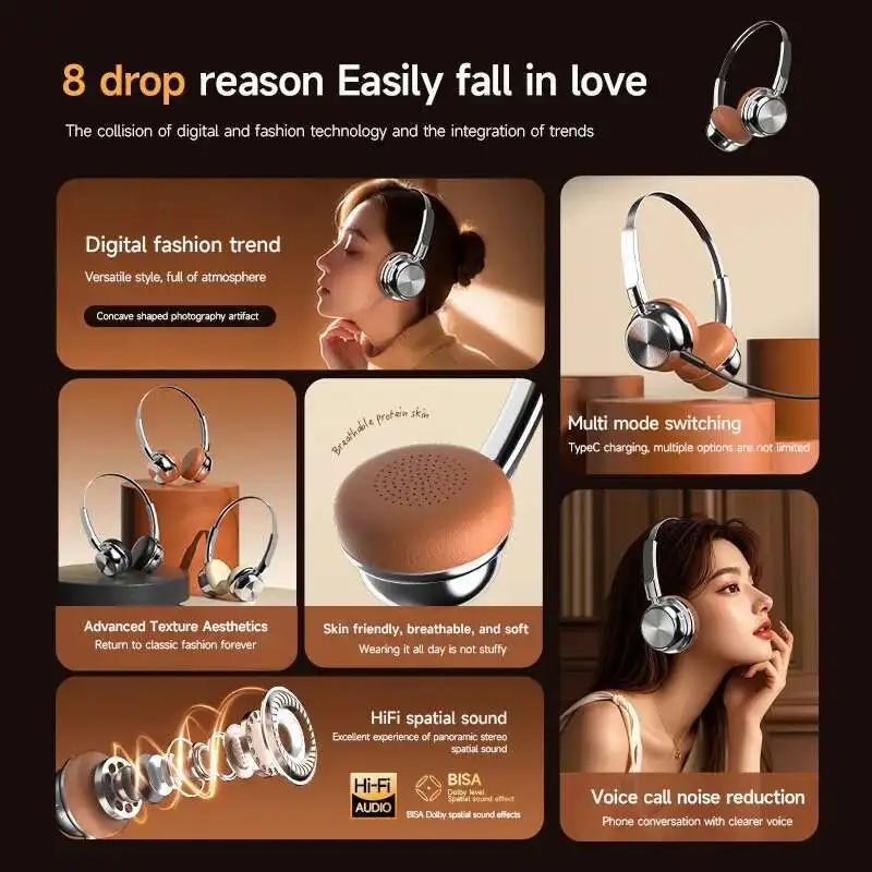 CR-20 新ヴィンテージファッション オーバーイヤーワイヤレスノイズリダクションヘッドセット レトロメイラードメタルBluetoothヘッドホン 学生向けギフト
