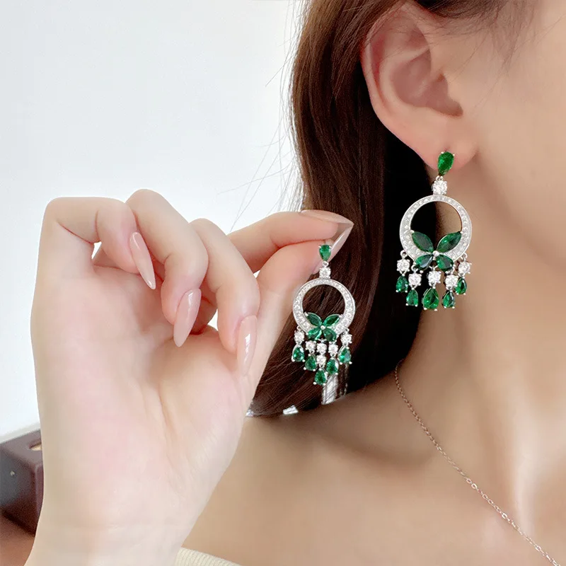 Luxury Cubic Zirconia Sterling Silver Pin Green Butterfly Tassel Dangle Earrings for Women Wedding Engagement Party Jewelry