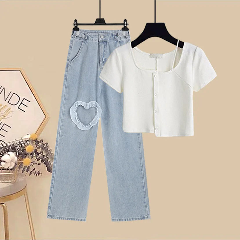 

plus Size Women's Faionable ort Denim Two-Piece Set Slimming Design Summer Polyester Blend Youthful Look