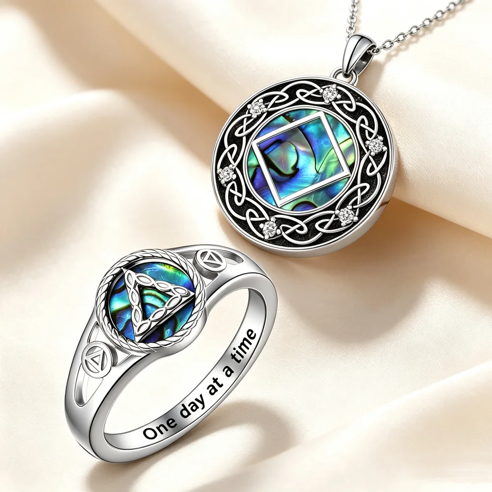 AA Sobriety 2 Pcs Jewelry Set Abalone Shell Celtic Knot Pendant Necklace Triangle Inlaid Ring Alcoholics Anonymous Recovery Gift