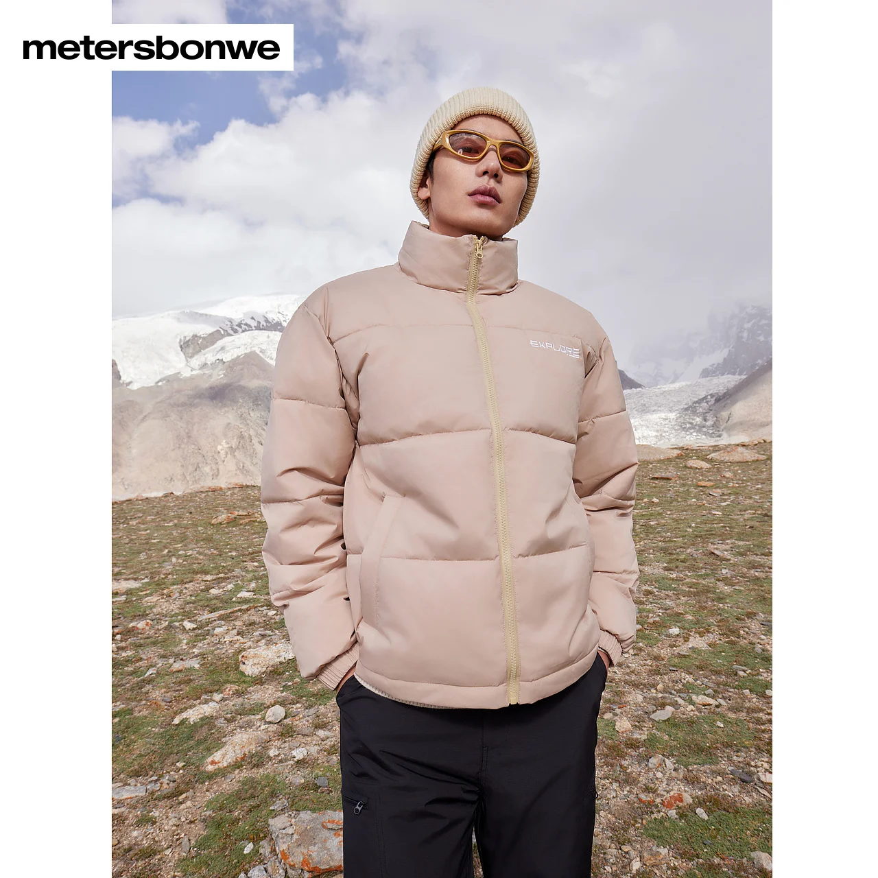 Metersbonwe-Men's Women's Stand Collar Loose Cotton-Padded Jacket Solid Color Simple Couple Warm Wear Adjustable Hem Drawstring