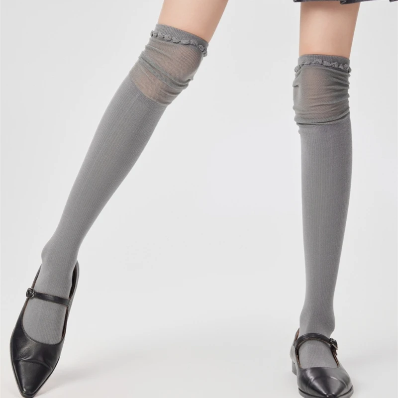 Womens Student Loose Mesh Splicing Over Knee Socks Japanese Student Solid Color Stretch Thigh High Stockings Streetwear