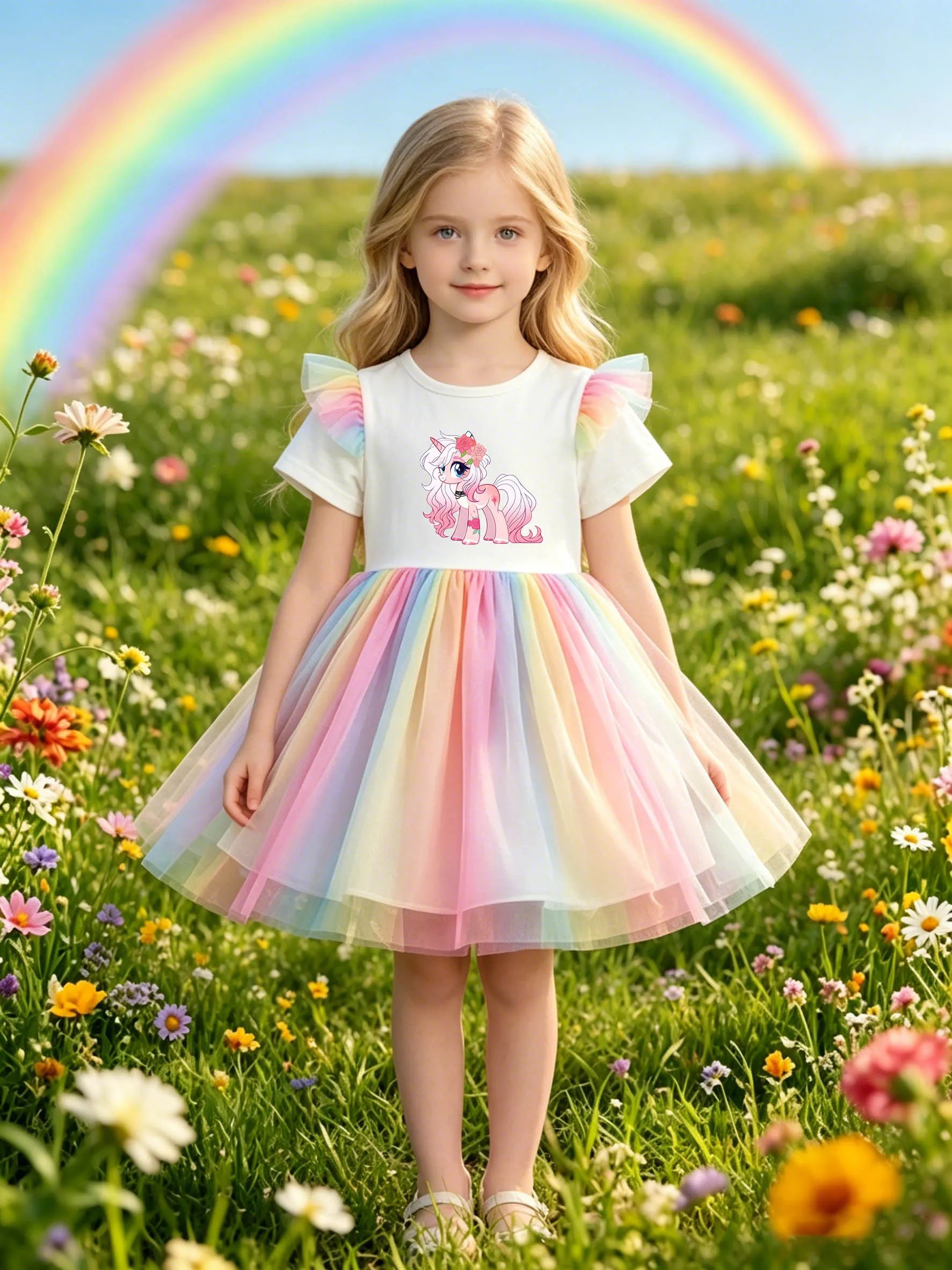 Little Girls Floral Unicorn Flutter Sleeve Dress, Summer Macaron Rainbow Tulle Puffy Princess Skirt