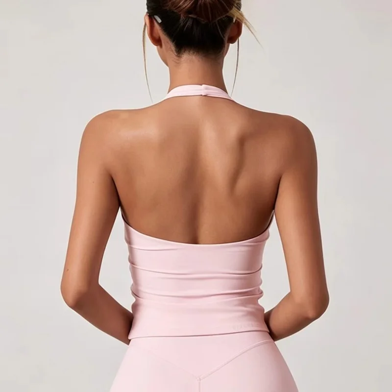 Women Halter Crisscross V Neck Sports Bra Nude Feel Built-in Pads Anti Shock Breathable Slim Fit Summer Yoga Gym Outerwear Tank