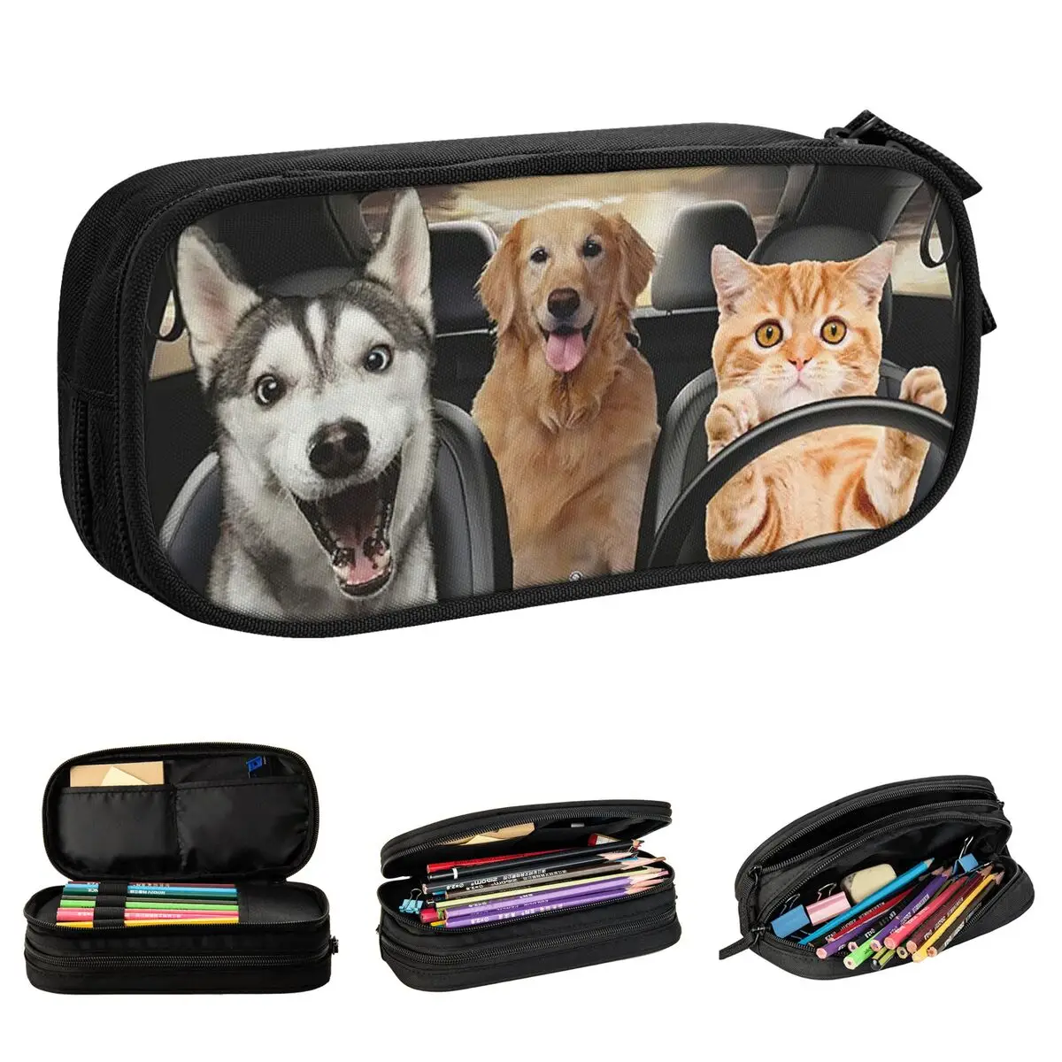 Cute Dog Cat Pencil Case Animals Driving Pen Bag Kids Big Capacity Office Gifts Pencil Box