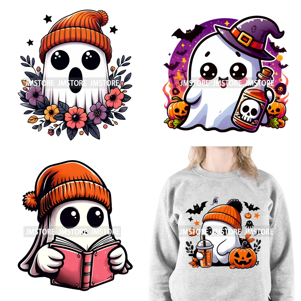 

Trending Flower Coffee Creep Ghosts Spooky Girly Bougie Halloween DTF Iron On Transfers Stickers Ready To Press For Hoodies Bags