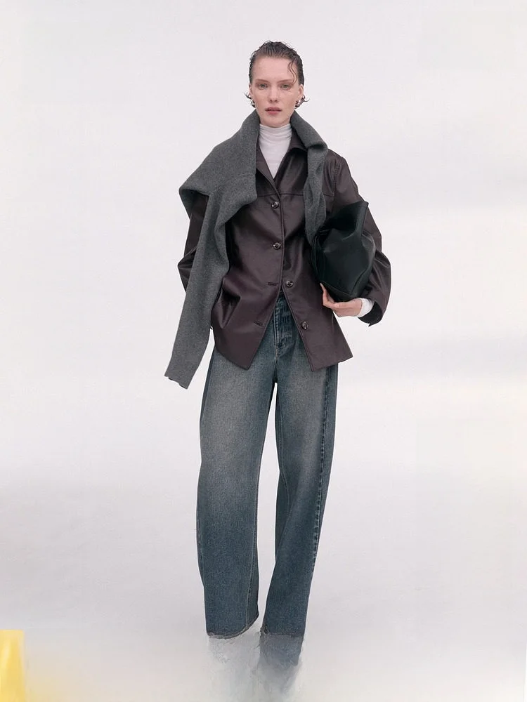 

Модная женская кожаная куртка с длинными рукавами, винно-красная, на пуговицах, приталенная, H&M, повседневная, из полиэфирного волокна, 100% полиэстер