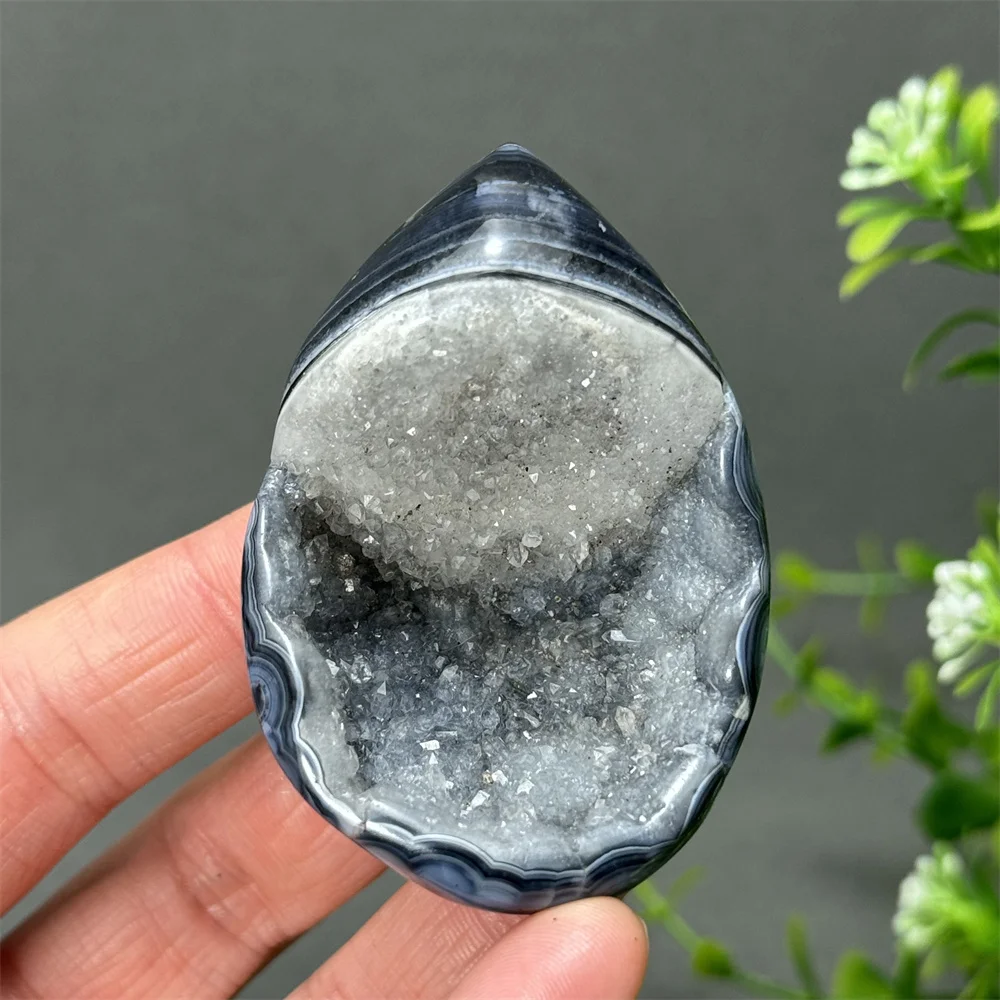 Natural Gemstone Black Agate Geode Egg-Shaped Reiki Healing Meditation Energy Home Room Feng Shui Decoration Gift