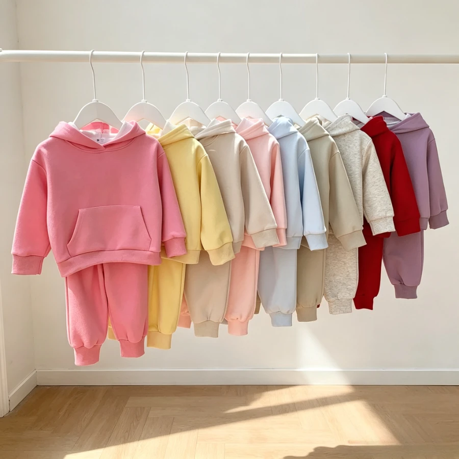 Autumn Tracksuit Kids Hoodie Sweatpants Set Solid Color Pullover Kangaroo Pocket School Boys Girls Casual Spring Daily Outfit
