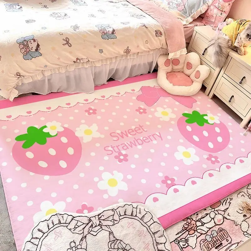 Sweet Pink Strawberry Bow Area Rug Non Slip Washable Plush Floor Mat Cute Cartoon Girls Bedroom Kids Room Home Decor Carpet