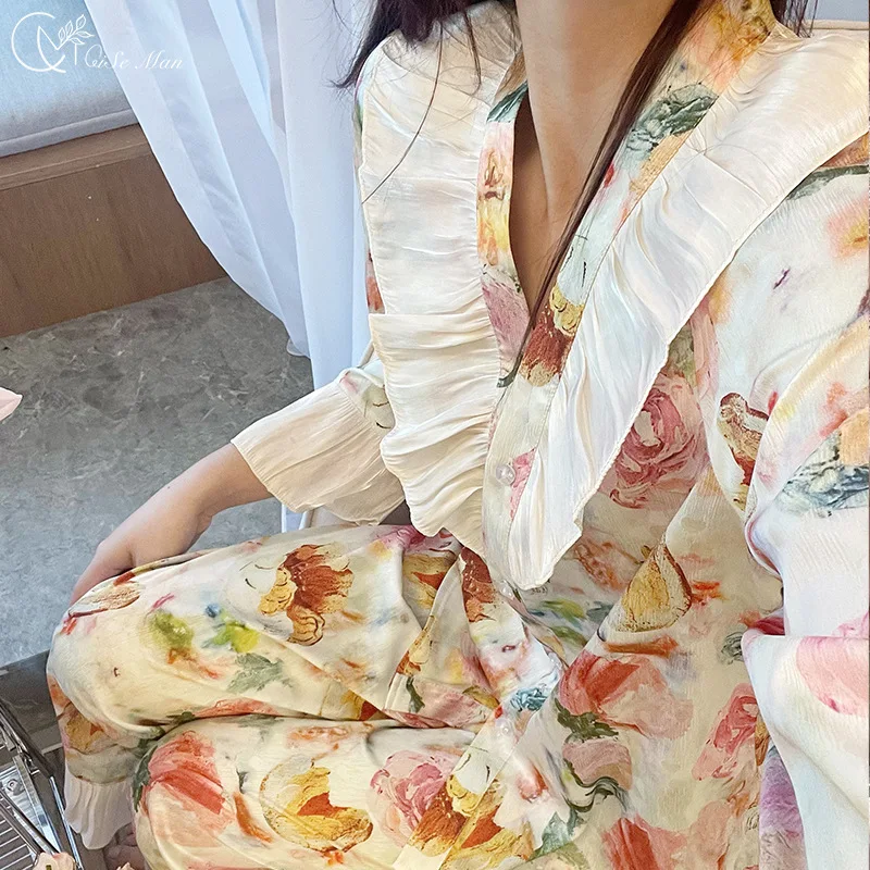 Spring Summer Pajamas Women Elegant Homewear Satin Pyjamas Suit Long Sleeve Trousers Set 2Pcs Print Flower Nightwear Sleepwear