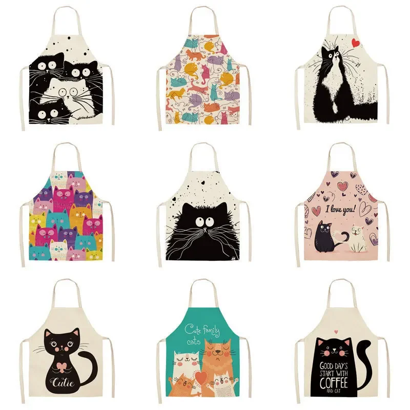 1 Pcs Cute Cat Pattern Kitchen Apron For Women Bibs Household Cleaning Pinafore Home Cooking  Chef  For Man