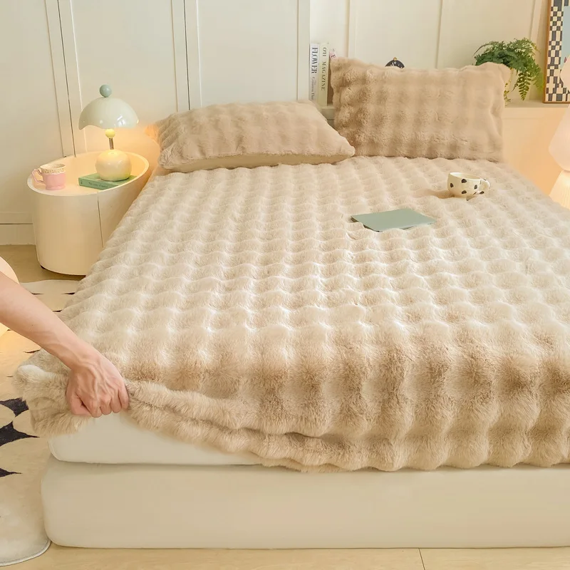 90/120/150cmThickened Rabbit Plush Mattress Single Piece Winter Warm Plush Sheet Cover All-inclusive Mattress Protective Cover