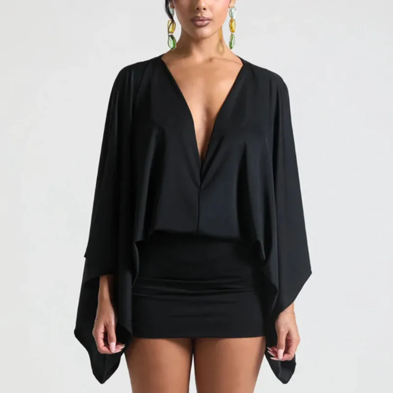 New Autumn Chic Deep V-Neck Boho Dress Retro Solid Spliced Flare Sleeve Prom Dress Spring Woman Club Elegant Slim Fit Mini Dress