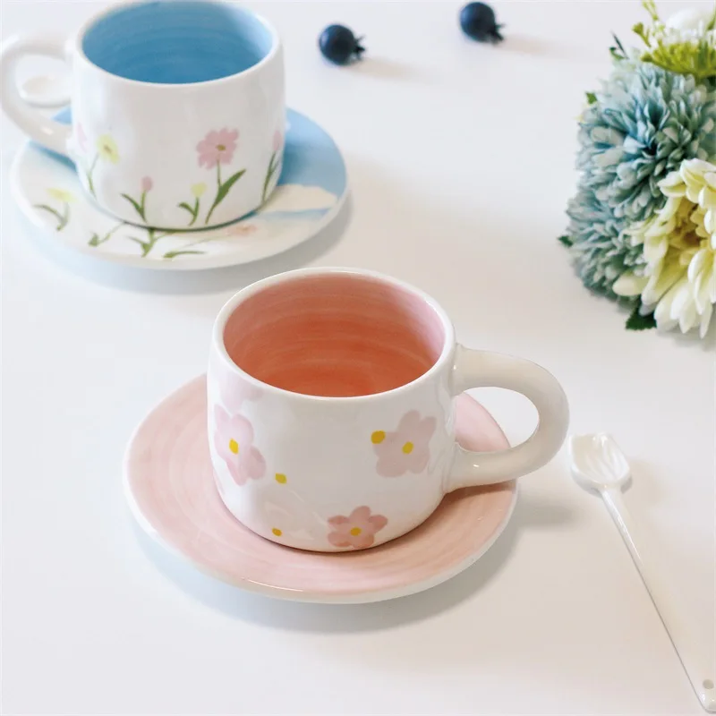 

Korean Ceramic Cup and Saucer Girl Heart Cherry Blossom Handmade Romantic Afternoon Tea Coffee Cup Set Couple Cup Gift