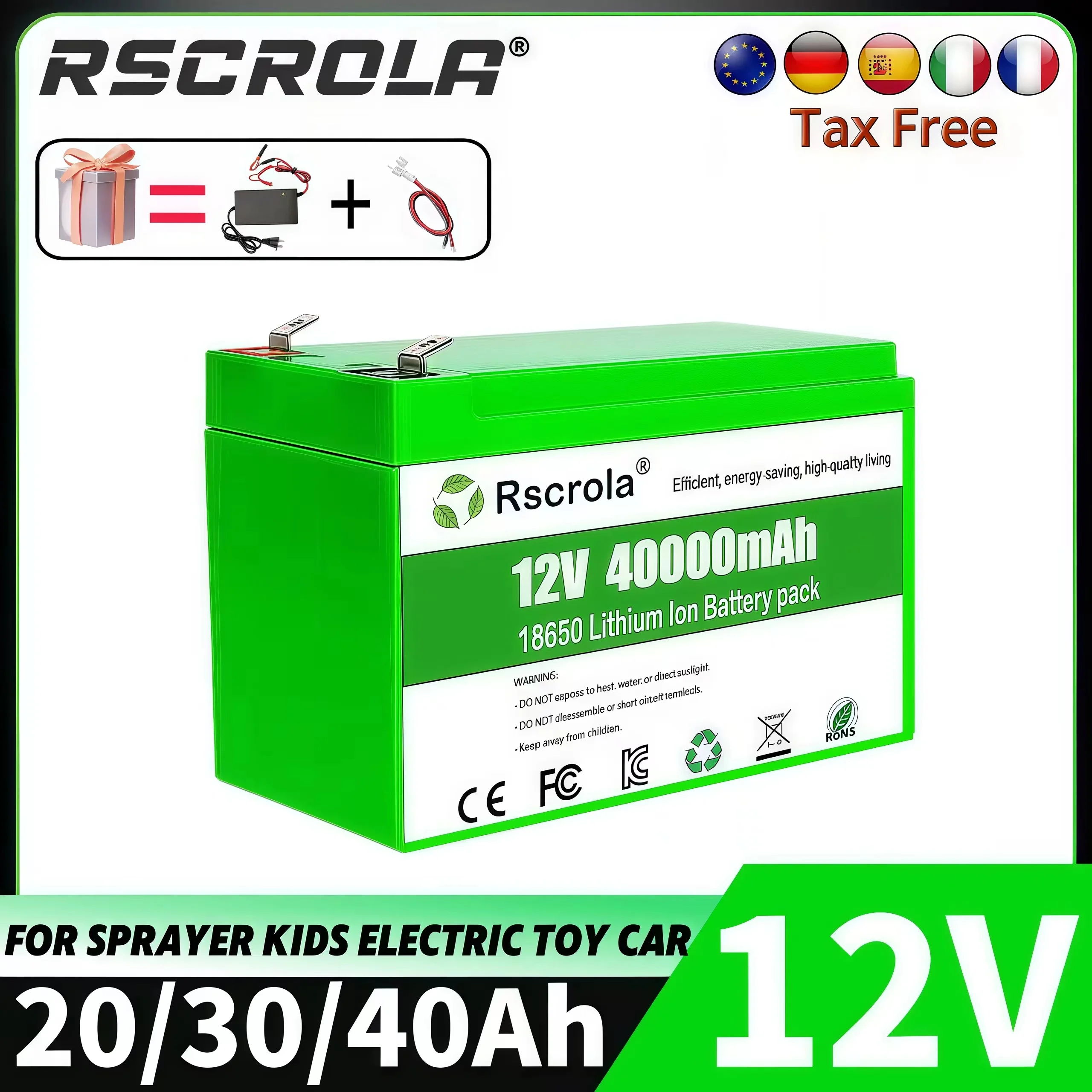 Batterie Lithium Rechargeable 12V Li-ion 40ah 30ah 20ah 18650, pour pulvérisateur, jouet électrique pour enfants, échelle de voiture, contrôle d'accès + chargeur