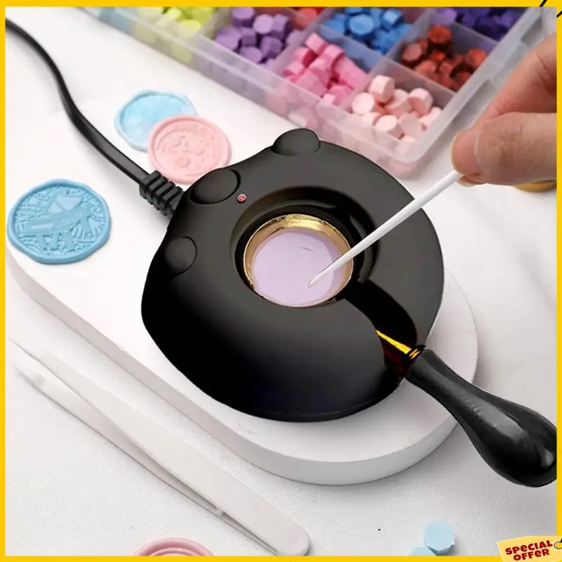 A24P جهاز تسخين ختم الشمع الكهربائي، طقم ختم الشمع الأسود مع ملعقة وملاقط أداة رائعة لأختام الشمع DIY، قابس أمريكي
