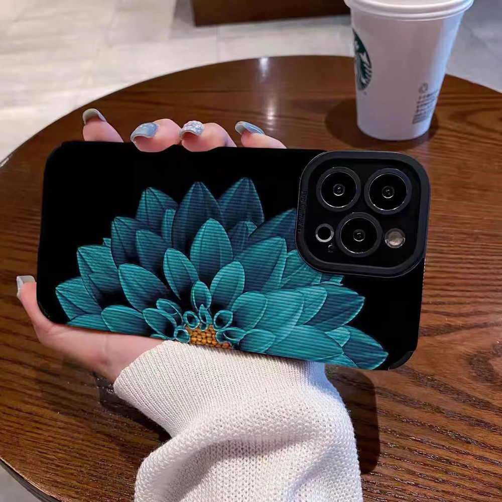 Fashion Blue Flower Silicone Leather Case For iPhone 17 Air 16 11 12 13 14 15 Pro Max Plus Mini Soft Shockproof Full Cover