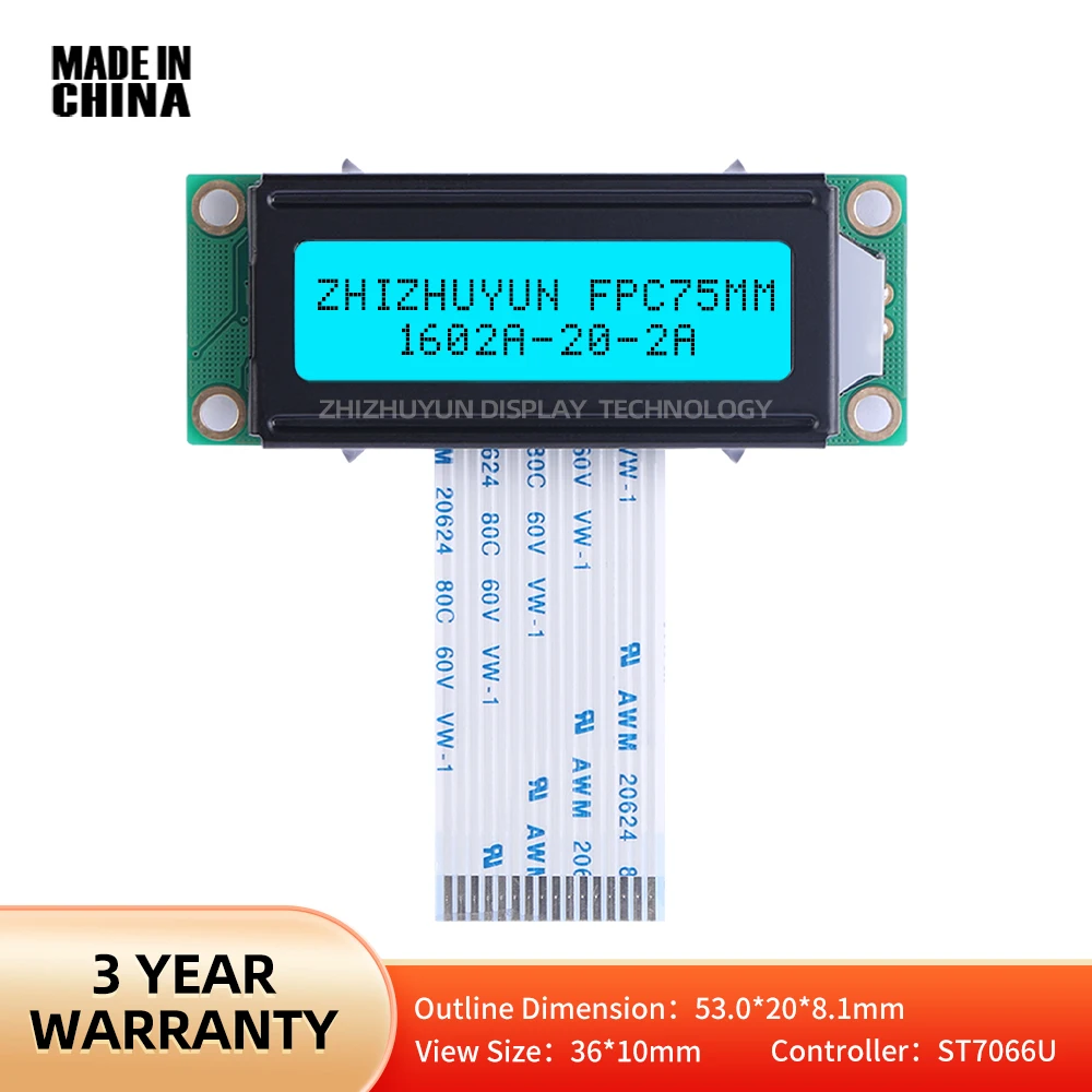 Pantalla de caracteres de garantía de calidad 1602A-20-2A FPC75MM, película gris azul hielo con letras negras, módulo de pantalla LCM, módulo LCD de 5V