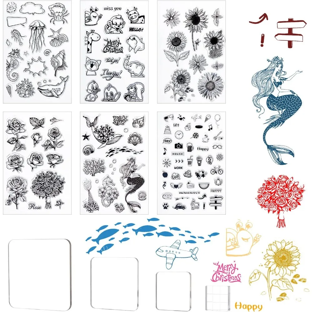 

6 Pieces Clear Stamps Transparent Silicone Stamps Set and 4 Pieces Acrylic Stamp Blocks with Grid Lines for Card Making Decor