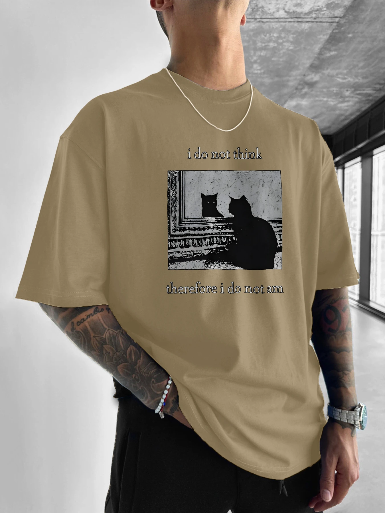 Black cat mirror Philosophy Printed T-Shirt I do not think therefore I do not am Philosophy and Art Design Summer Hundred Casual