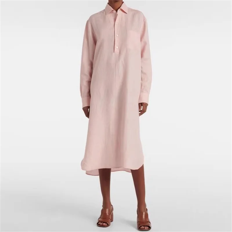 

Womens dresses New single breasted slim long sleeved dress for summer 2025 High quality linen blended long dresses midi dresses