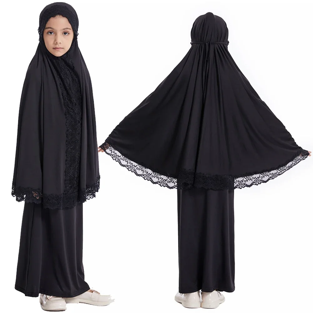 

Eid Ramadan Girl Hijab Dress Lace Hooded Abaya Muslim Kids Prayer Garment Djellaba Burqa Khimar Skirt Islam Kaftan Robe Jalabiya