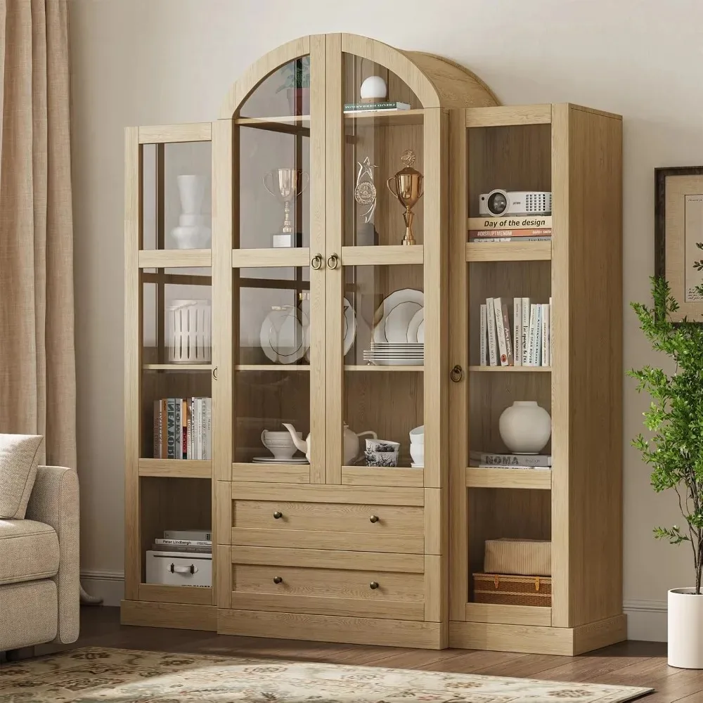 

72.4" Tall Farmhouse Display Cabinet with Glass Doors,Large Wood Bookshelf with 2 Drawers & Adjustable Shelves,Arched Kitchen