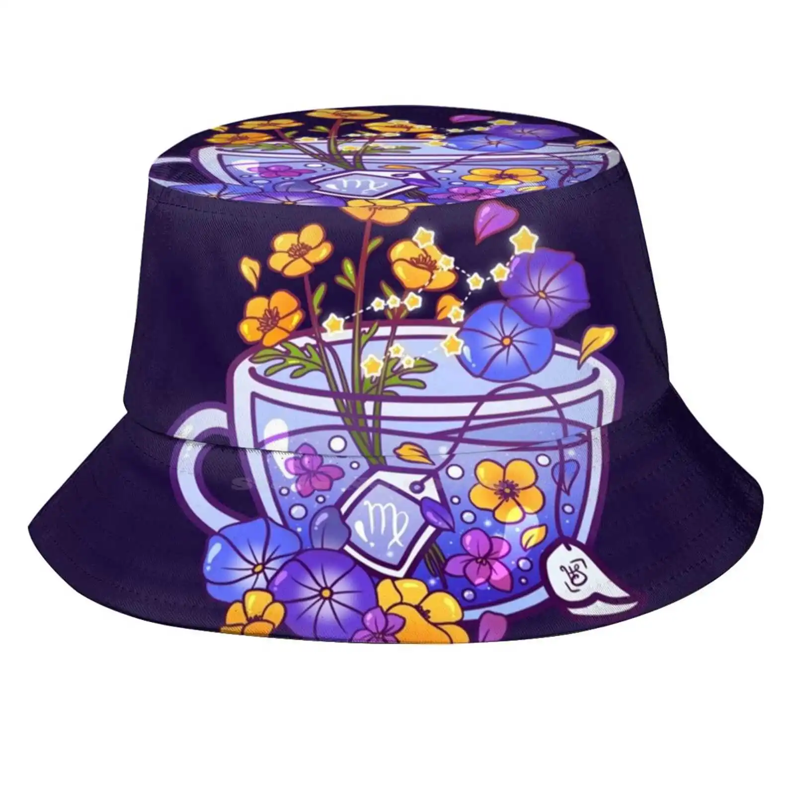 Virgo Zodiac Teacup Sun Cap Fisherman Hat Bucket Hats Kawaii Cute Teacup Tea Party Glass Whimsical Tea Lover Heysoleilart Virgo