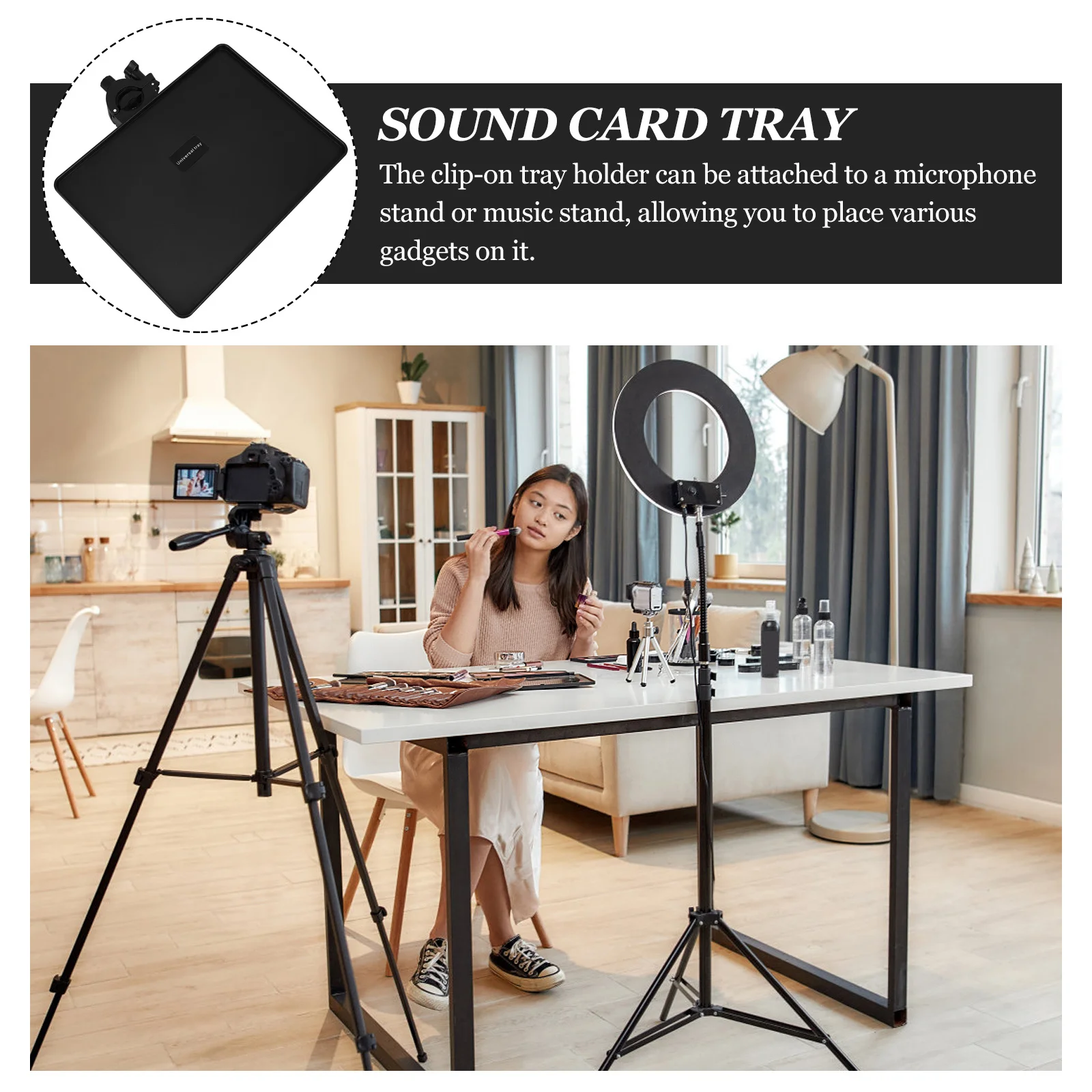 

Premium Microphone Holder Tray with Clamp-on Mount for Sound Card Stand Live Streaming Storage Rack Adjustable Height