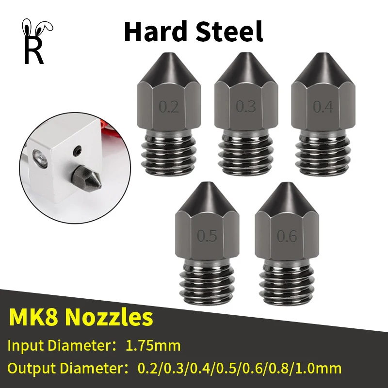 

Hard Steel 3D Printer MK8 Nozzle 0.2mm-1.0mm For 1.75MM Supplies CR10 CR10S Ender-3 Extruder Head 3D Printer Nozzle Parts