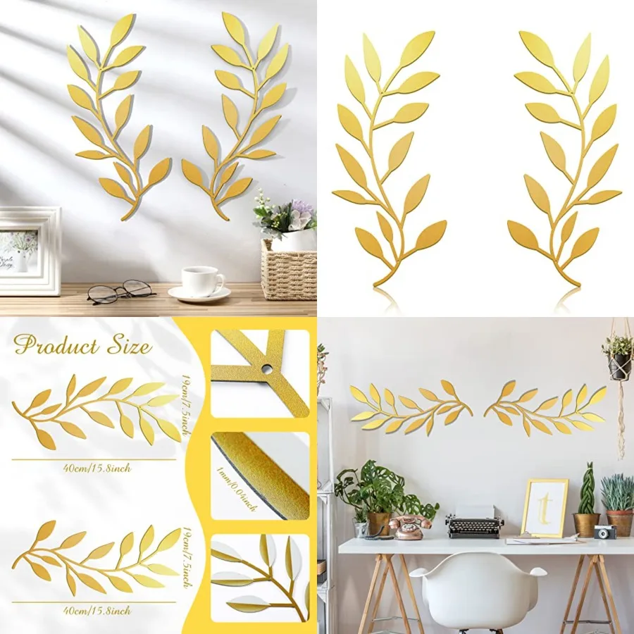 

2 штуки металлического настенного декора в виде листьев дерева, виноградной лозы и оливковых веток, золотистого цвета, для гостиной, прихожей, уличного декора