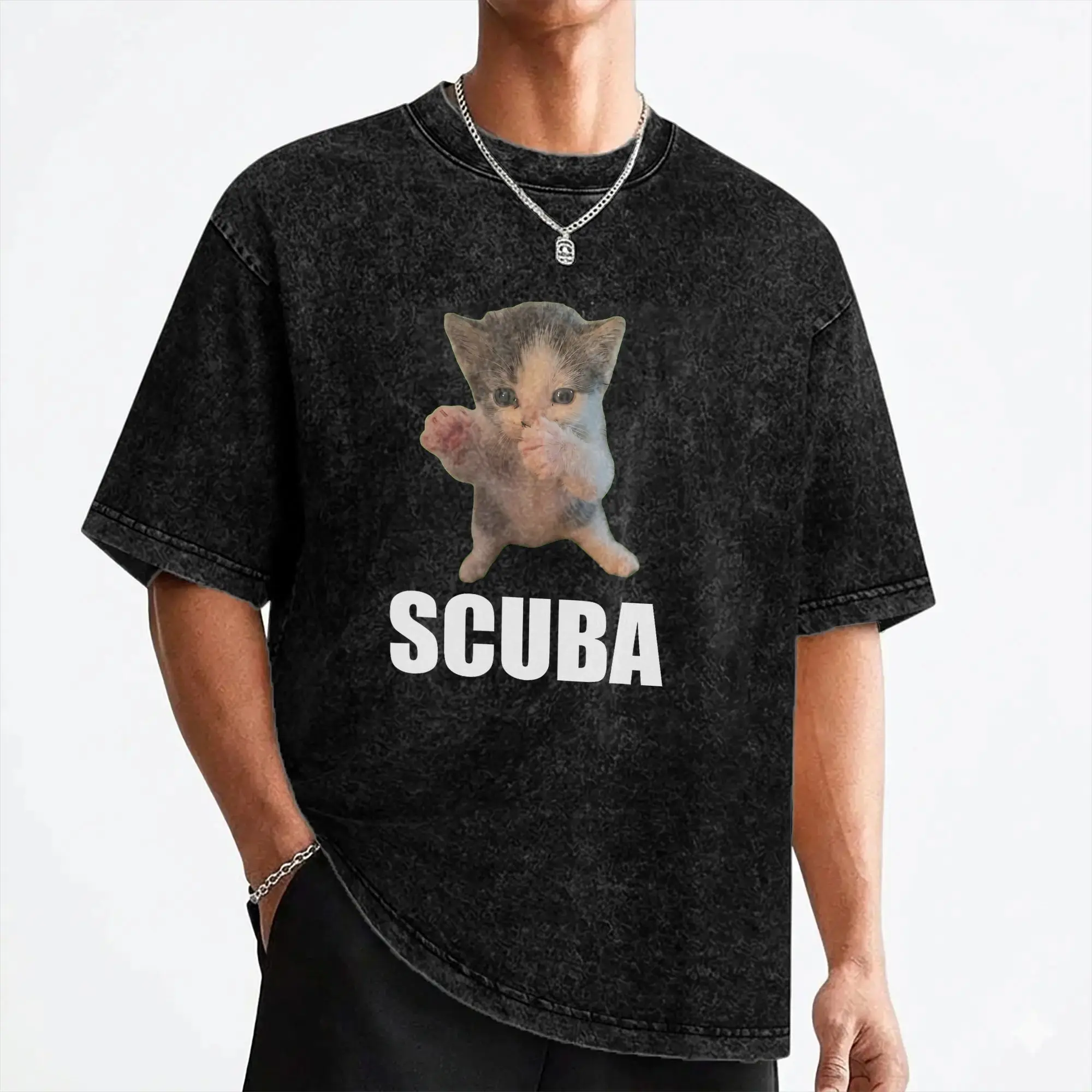 Cute Cat Scuba Dancing Meme T Shirt Washed Short Sleeve Street T-Shirts  Vintage Men Women Streetwear Graphic Printed Tee Shirt