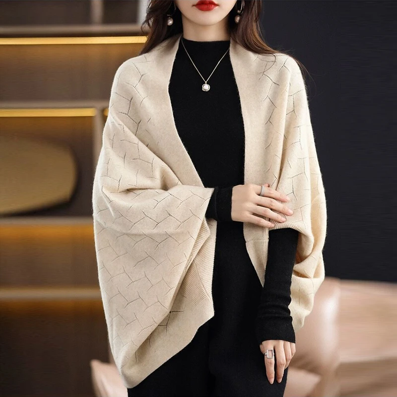 

2024 Autumn Winter Women Fashion Oversize Shawl Knitted Cardigan Female Casual Solid Long Sleeve Soft Cloak Sweater Coat F13