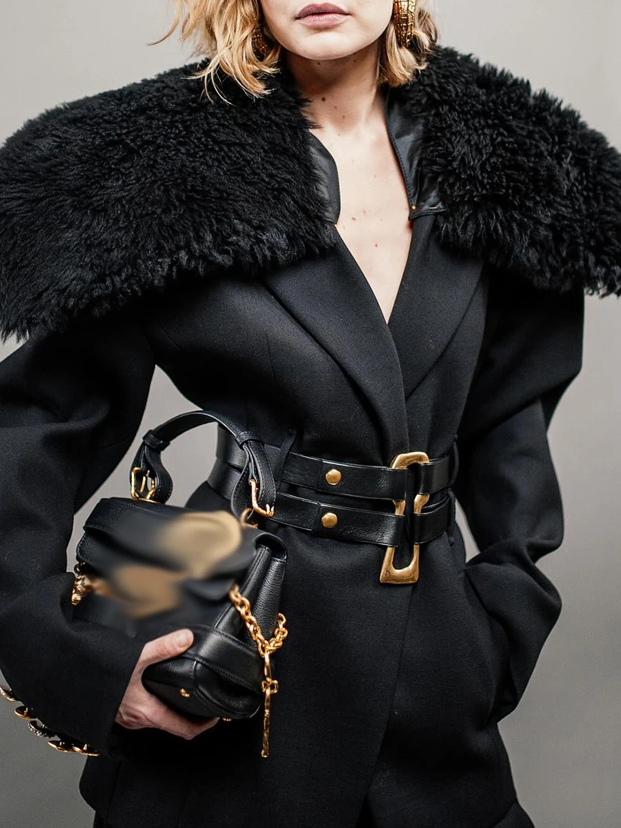 TWOTWINSTYLE Afslanken Gesplitste Riem Temperament Jassen voor Vrouwen Revers Lange Mouwen Patchwork Bontkraag Jas Vrouwelijke Kleding