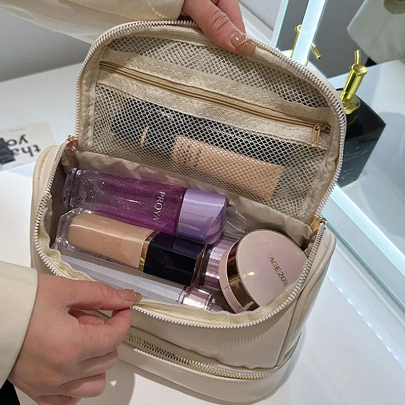 Double Layer Pu Leather Makeup Bag Women Solid Color Simple Multifunctional Cosmstic Box Travel Large Capacity Storage Bags