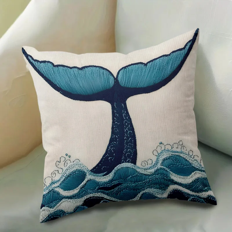 Whale Tail Ocean Pillow Cover 2D Print Coastal Wave Nautical Cushion Case for Sofa Bed Couch Beach Home Decor Gifts